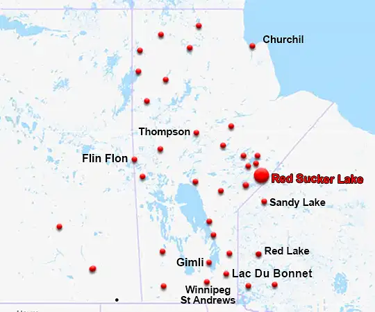 Map showing the location of Red Sucker Lake in Manitoba